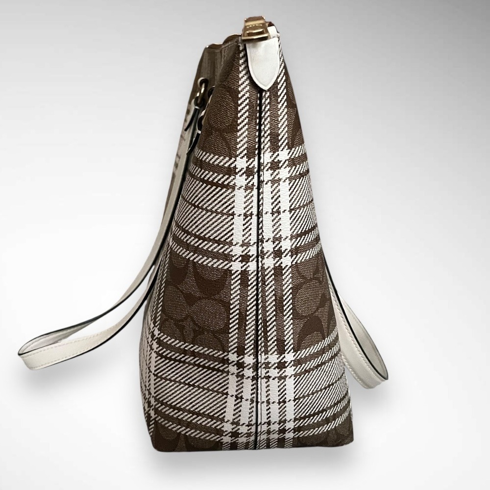 Coach Tan and Cream Checkered Tote Bag - Picture 4 of 13